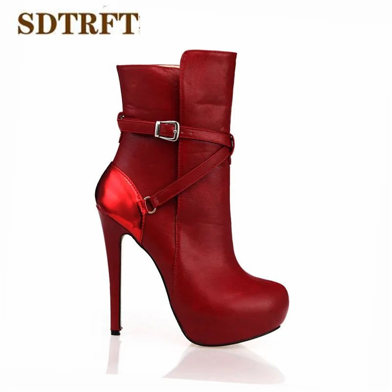 SDTRFT Spring Autumn platforms Stilettos 14cm thin heels Ankle martin boots Red Buckle wedding shoes Woman Botas Round Toe pumps | Обувь