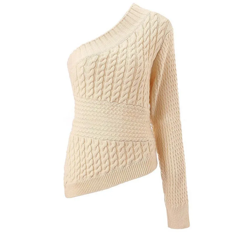 beige sweater TWOTWINSTYLE Женская трикотажная одежда с открытыми плечами, большой размер, длинный рукав, асимметричный подол, пуловер, Женская Осенняя Повседневная мода, осень - Цвет: beige sweater