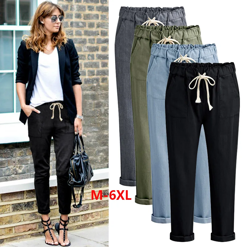 

Plus Size Pants Solid High Waist Drawstring M - 6XL 3XL 4XL 5XL Cotton Summer Autum Plus Size Women Clothing High Quality 13519