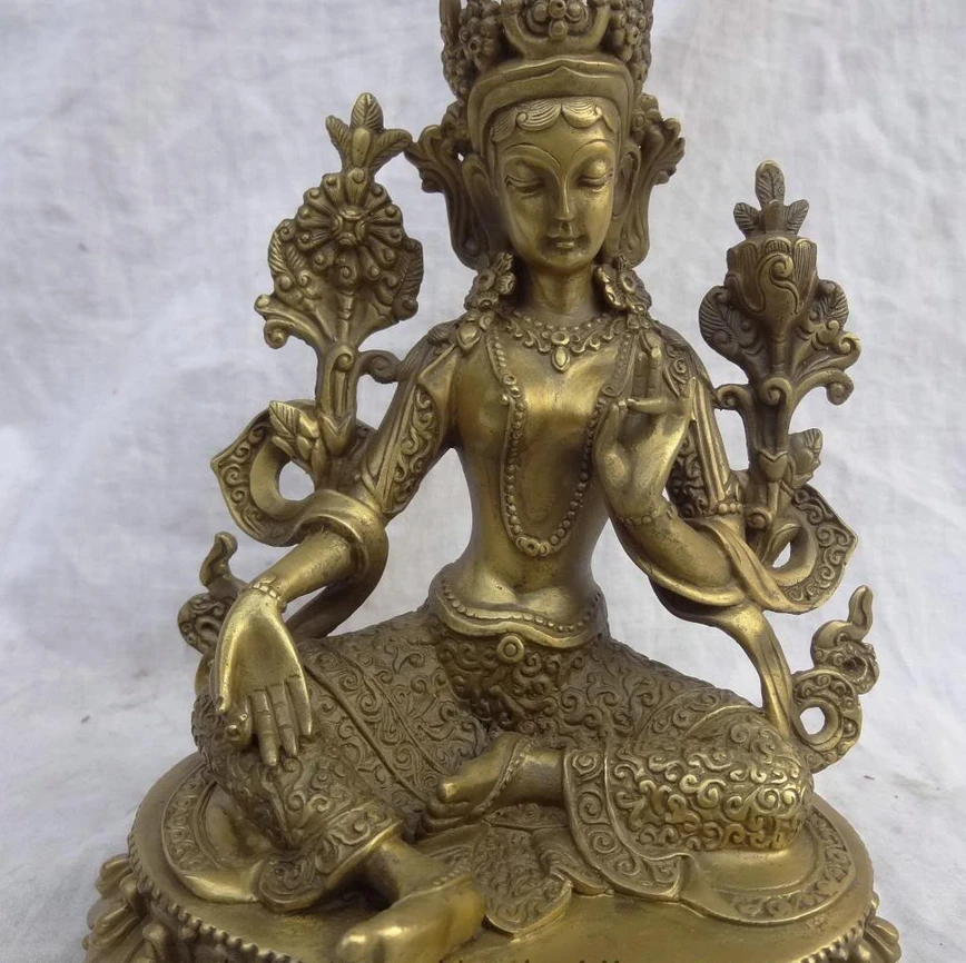 00242 8&quot Tibet Pure Bronze Buddhist Lotus Protect Green Tara Goddess Buddha Statue (A0414) | Дом и сад