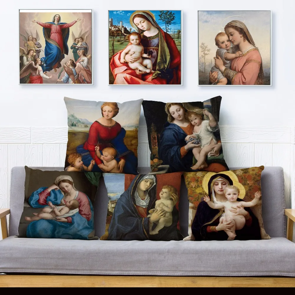 

Vintage Painting Blessed Virgin Mary Throw Pillow Cover 45*45cm Cushion Covers Linen Pillow Case Sofa Home Decor Pillows Cases