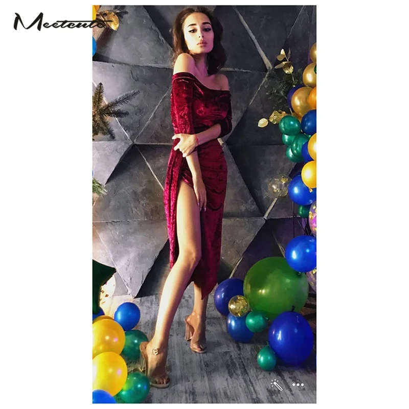 Meetcute New Winter Side Slit Velvet Dresses Woman Wine Red Vintage Dress Off Shoulder Slim Split Elegant Evening Party Vestidos | Женская