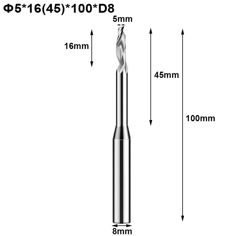 2pcs 5x16(45)x100xD8 2 шт. Одна Флейта Алюминий фреза концевые фрезы cnc для Алюминий сплав Медь резки 8 мм/10 мм Хвостовик HSS маршрутизатор Концевая фреза Бит - Длина режущей кромки: 2pcs 5x16(45)x100xD8