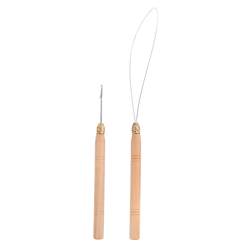 New 2Pcs Hair Extension Hook Pulling Tool Needle Threader Micro Rings Link Beads Loop Wooden Handle With Iron Wire Wholesale | Шиньоны и