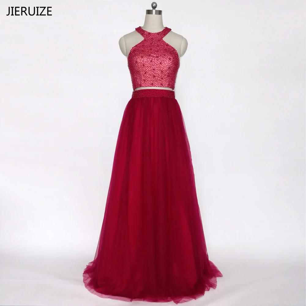 

JIERUIZE ballkleider Burgundy Prom Dresses Long Pearls Two Pieces Prom Dresses Elegant Long Party Dress robe de bal longue