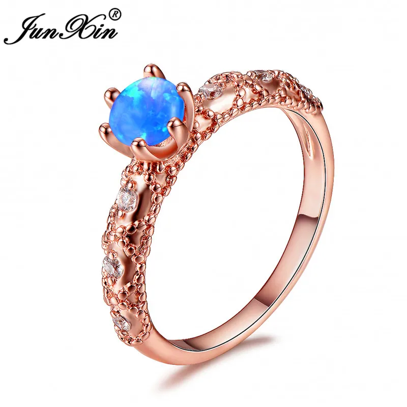 JUNXIN Мужской Женский Белый/Синий огненный опал кольцо Мода 18KT розовое золото