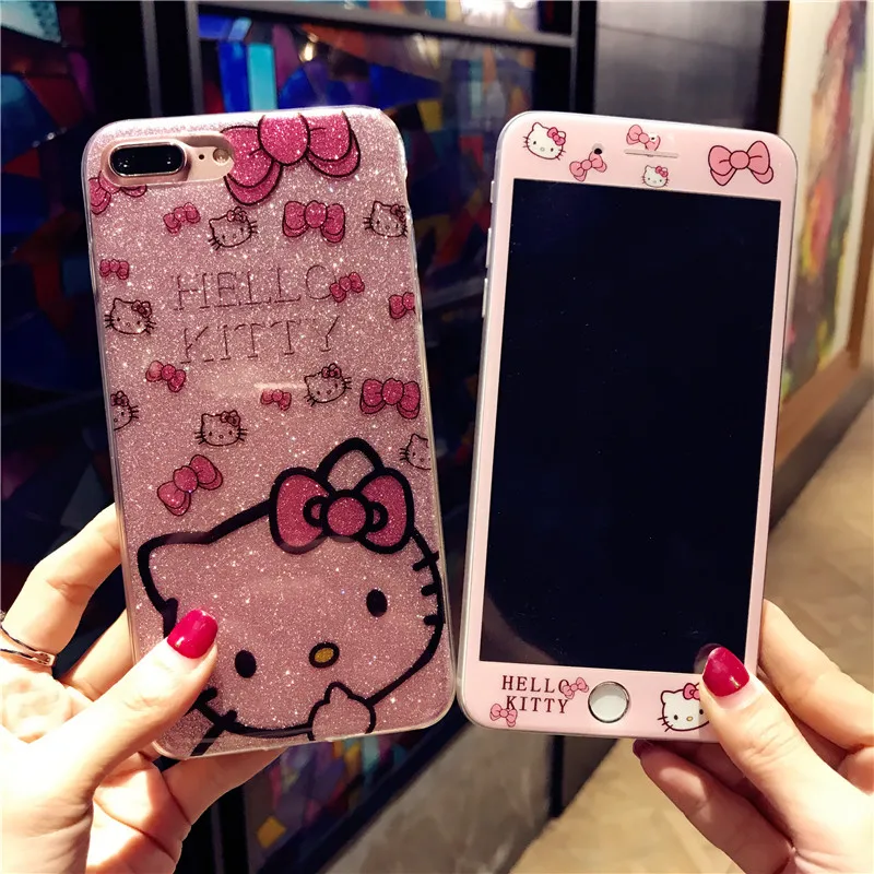 Для iPhone 8 Plus bling KT Чехол + пленка из закаленного стекла милый мягкий чехол hello kitty