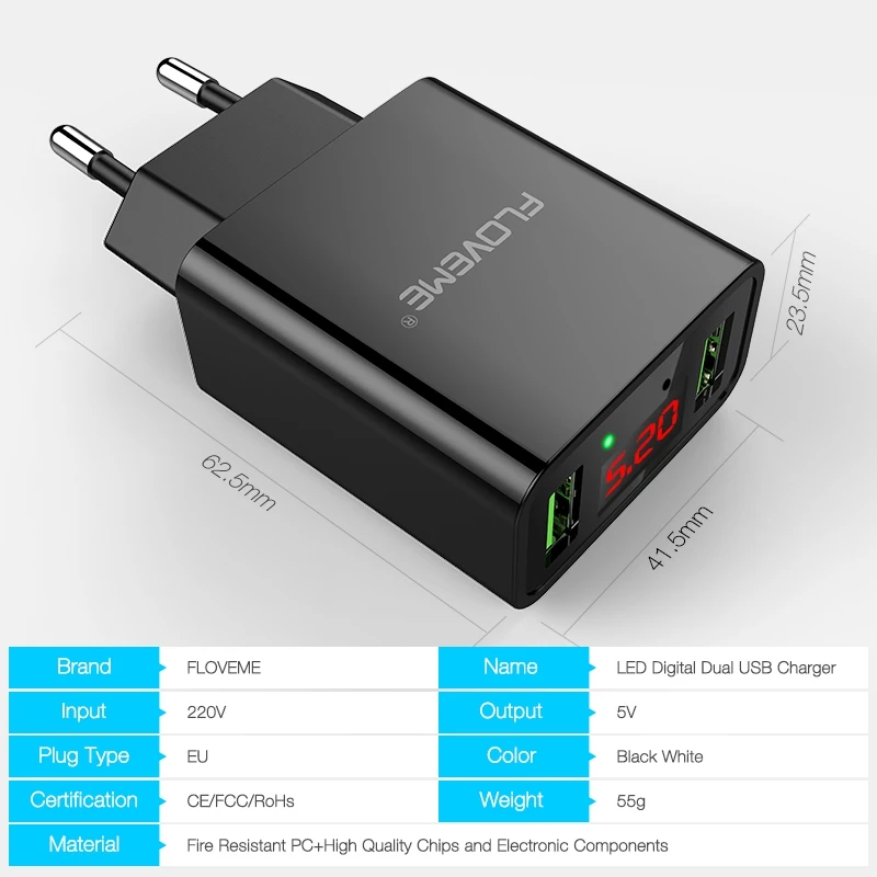 FLOVEME USB зарядное устройство светодиодный дисплей 2 порта зарядные устройства для