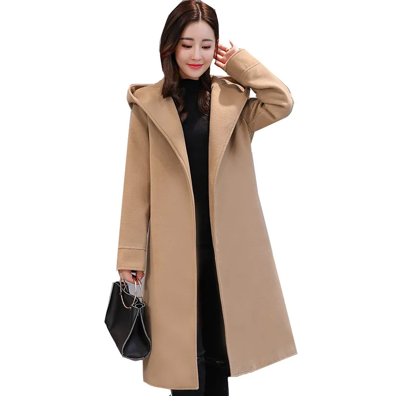 

Женское шерстяное пальто с капюшоном, однотонное Свободное длинное шерстяное пальто с лацканами в Корейском стиле, Осень-зима 2021