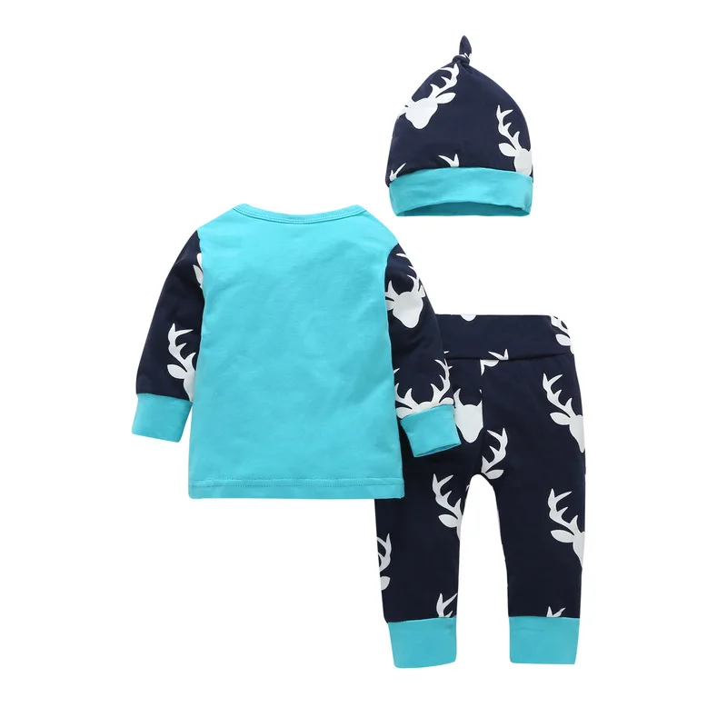 Baby boy girls clothing 3 pieces suit Hello world printed T-shirt + Deer printTrousers+ Hat Children Kids sets | Детская одежда и