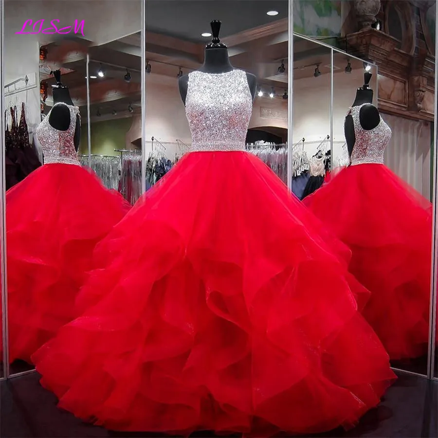 Vestidos de 15 anos Кристаллы бальное платье Бальные платья из органзы красных для