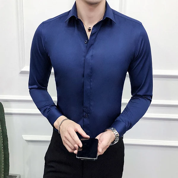 FuyBill Новая модная мужская Однотонная рубашка для мужчин однотонные однобортные деловые повседневные рубашки тонкий стрейч с длинным рукавом - Цвет: Navy blue