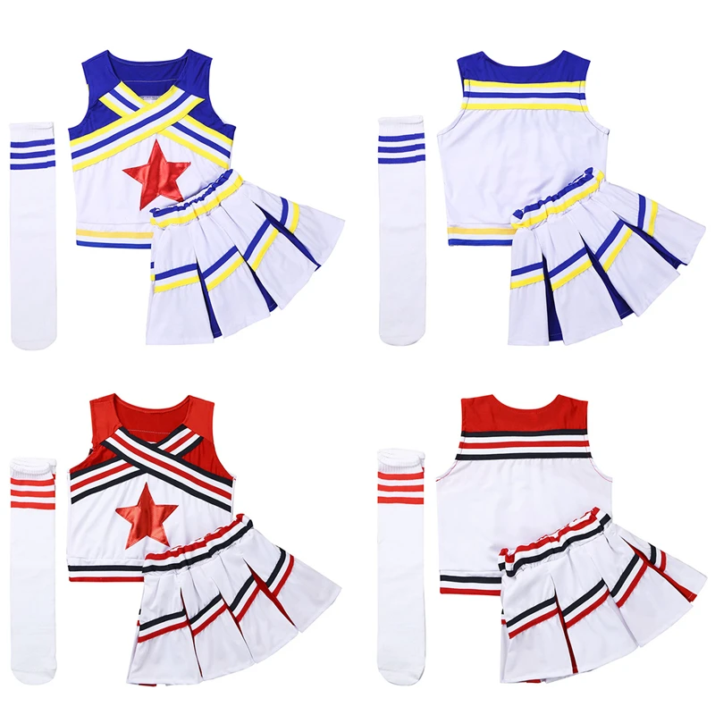 Kids Teens Hip-hop Stage Jazz Dance Costume Girls Cheerleader Street Dancing Star Applique Tops Skirt Socks Set | Детская одежда и