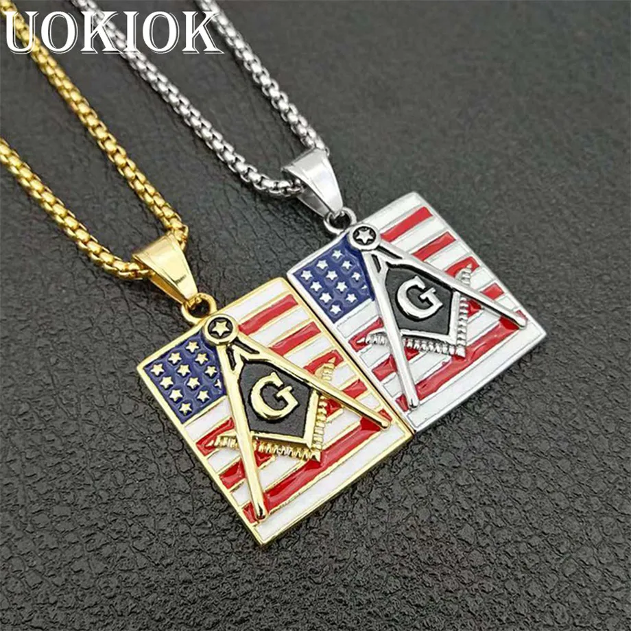 

Hip Hop Stainless Steel Masonic Symbol Necklaces & Pendants For Women/Men Gold Color Free-mason American Flag Fashion Jewelry