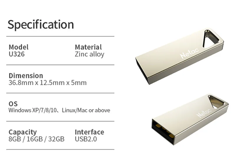 USB флеш-накопитель Netac, 32 ГБ, U326, USB 2,0, высокоскоростной мини-флеш-накопитель, металлический, 64 ГБ, 16 ГБ, флешка, карта памяти USB