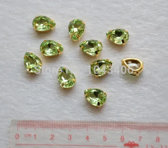 

36 шт./лот 10x14 мм каплевидный высококачественный К9 светло-зеленый кристалл, пришивные камни, бусины с золотым когтем, без царапин и грязи
