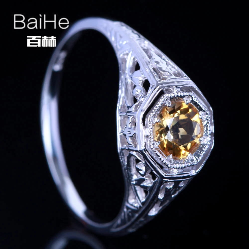 BAIHE Стерлинговое Серебро 925 0.92ct Сертифицированный желтый безупречный круглый настоящий Цитрин обручальное женское старинные ювелирные украшения кольцо