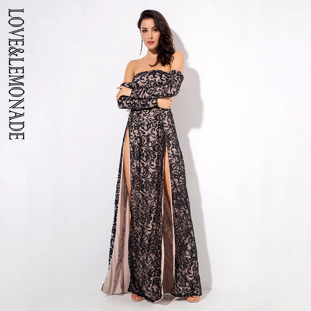 Черное длинное платье с длинными рукавами и разрезом Love& Lemonade LM81038