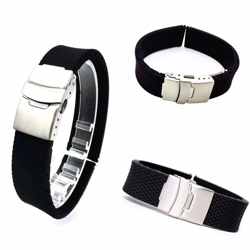 Rubber Watch Band Strap Straight End Bracelet Black Silicone Stainless Steel Double Click Folding Clasp 20 22 24mm