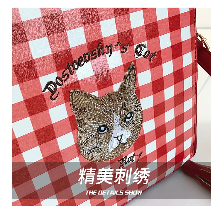 Милая модная клетчатая сумка с рисунком кота, сумка на плечо, сумка через плечо, сумка-мессенджер для женщин, сумка-тоут, женская сумка