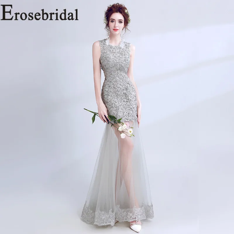 Erosebridal Новое поступление 2019 серебристо серое вечернее платье длинное Тюль