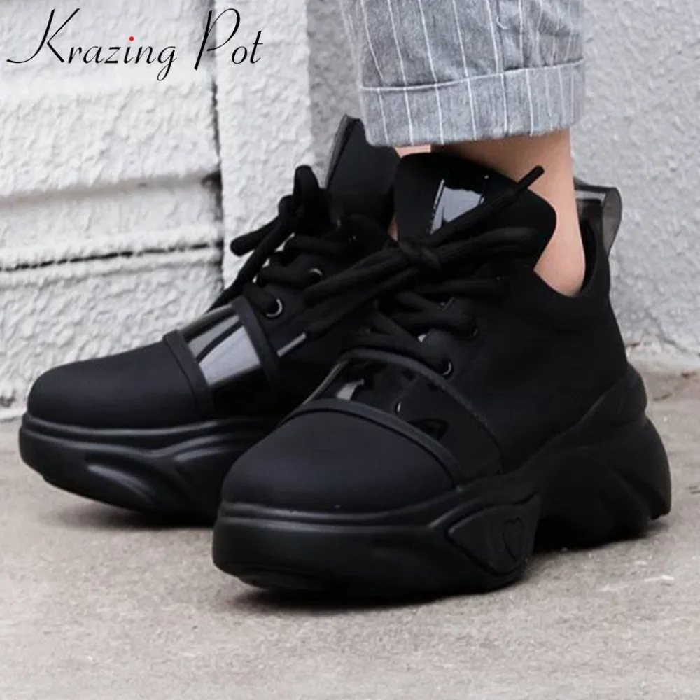 Krazing Pot/красивые женские кроссовки из натуральной кожи на толстой платформе со шнуровкой; дышащая женская Вулканизированная обувь; большие размеры; L32