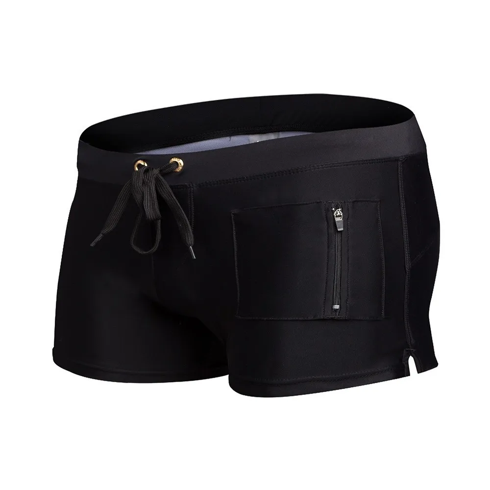 Men swimsuit-BLA Мужские плавки с боковыми карманами и завязками, однотонные, черные, красные, синие, дышащие плавки для плавания, пляжная одежда, эластичные плавки для мужчин - Цвет: Men swimsuit-BLA