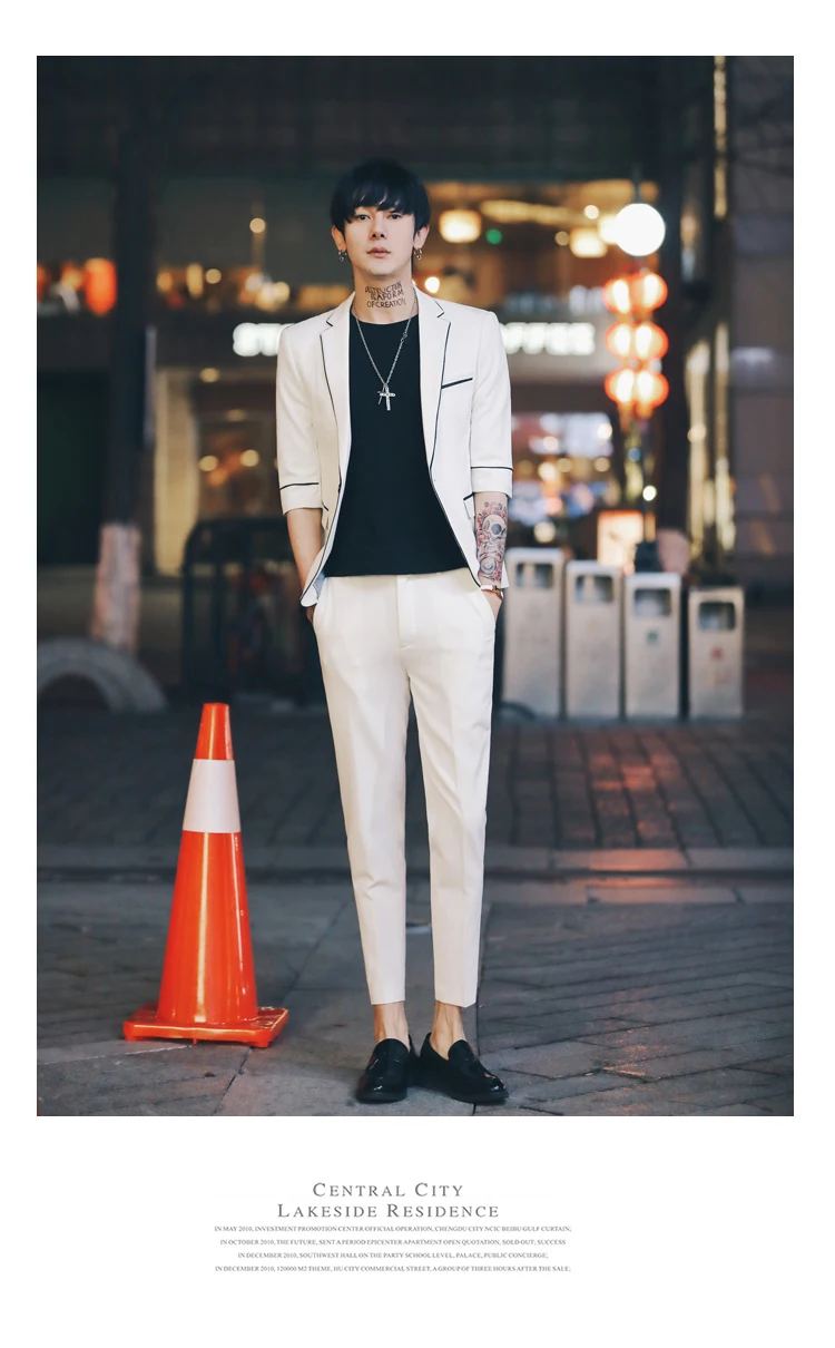 Для мужчин костюмы Slim Fit Комплект из 2 предметов костюм Homme белый черный костюм свадебные смокинги для жениха Для мужчин с коротким рукавом деловая Выпускной костюм Terno