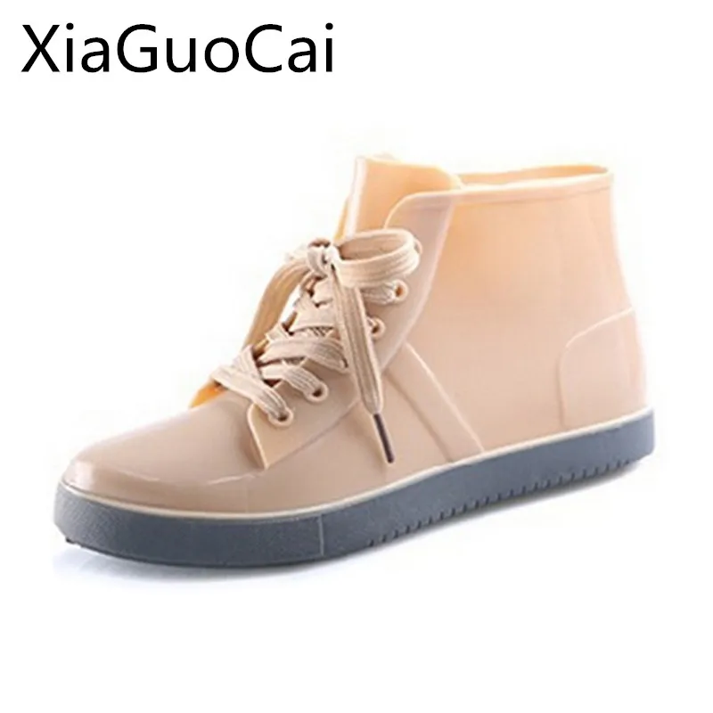 

High Quality Waterproof Women Rainboots Spring Autumn Platform Ankle Boots Rain Leather Boots Lace-up Shoes Z461 35