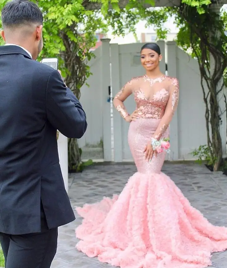 

2019 Pink Floral Mermaid Long-Sleeves Sequins Sexy Prom Dresses Sexy Lace Applique Elegant Evening Dress