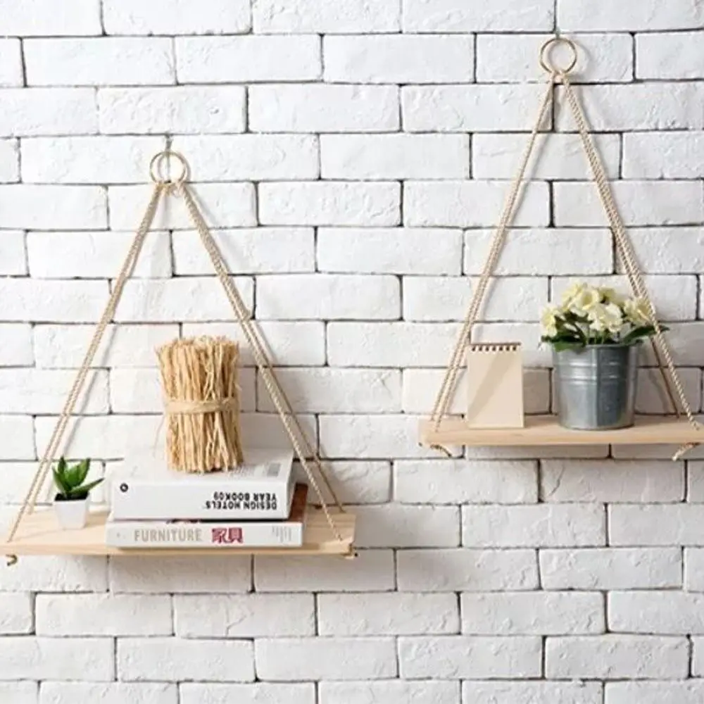 Rustic Hanging Rope Wooden Storage Shelves Holder Floating Shelf Rack Kitchen Bathroom Organizer Shelves|Подставки для хранения