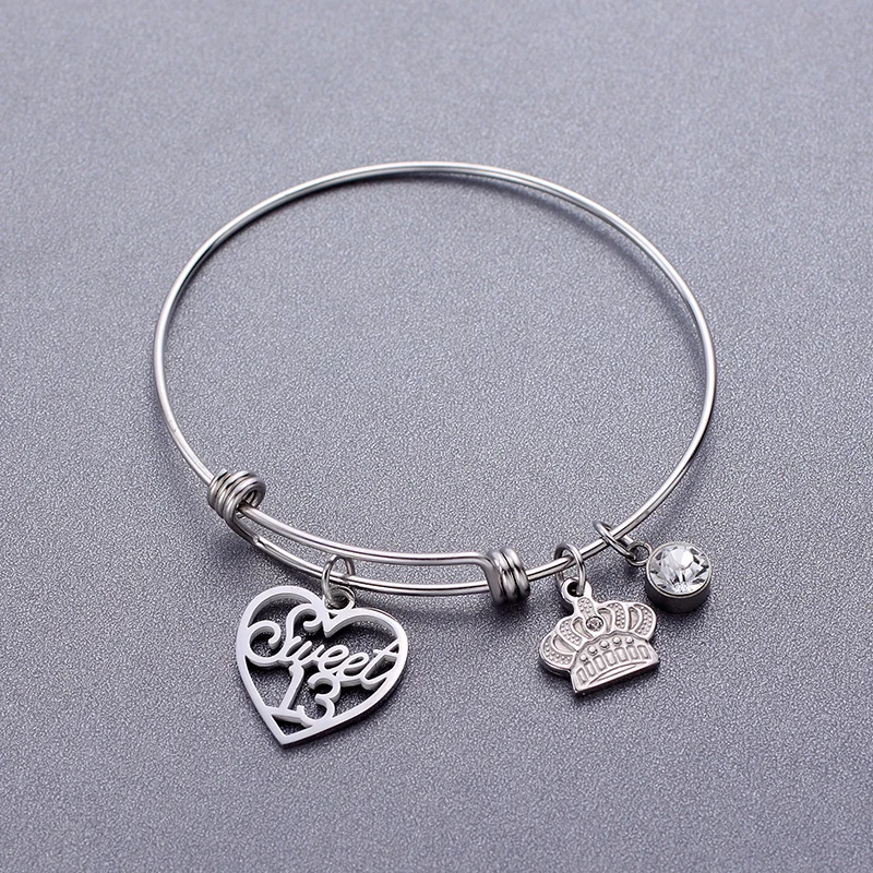 Girls 13th Birthday Jewelry Gift Fashion Crown Heart Bangle with Birthstone Charm Bracelet Accessories | Украшения и аксессуары