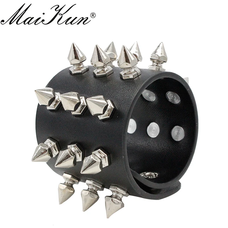 

Maikun Harajuku Gothic Cuspidal Spikes Rivet Black Leather Bracelets & Bangles Punk Wide Bracelet Women Men Halloween Jewelry