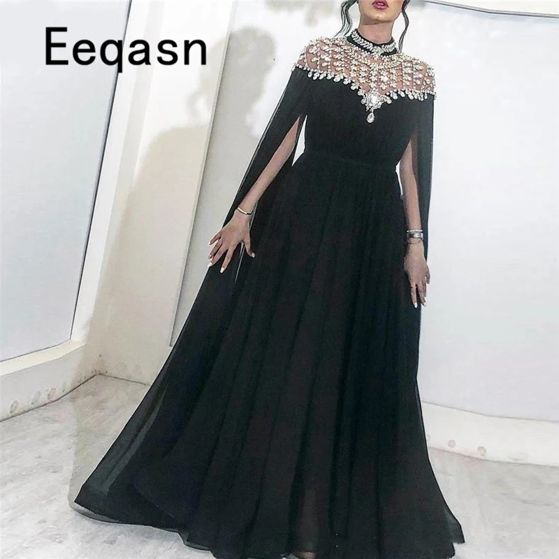 Винтажные черные вечерние платья 2020 с блестящими кристаллами длинное шифоновое