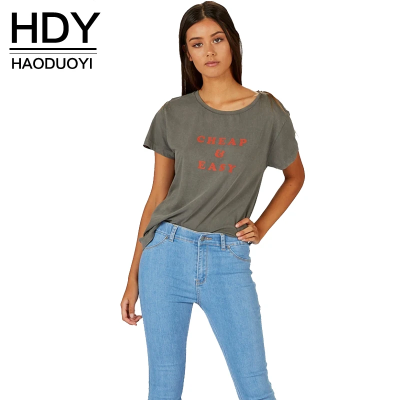 HDY Haoduoyi 2017 Summer Fashion Women Dark Grey Tops Brief Letter Printed Crew Neck Short Sleeve T Shirts Casual Basic Shirt|basic t-shirt|fashion