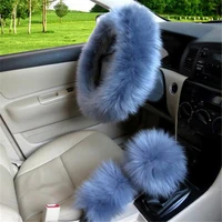 3pcsset car steering wheel cover long australian wool heated fur genuine leather steering wheel cover