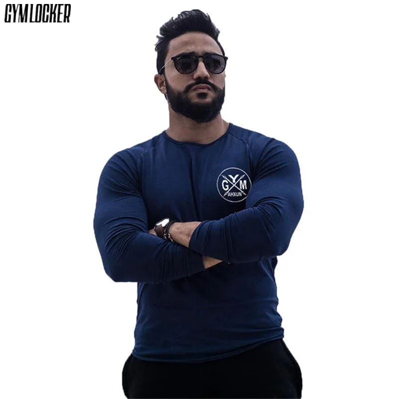 GYMLOCKER новая футболка с длинным рукавом вышивкой Мужская хлопковая О-образным