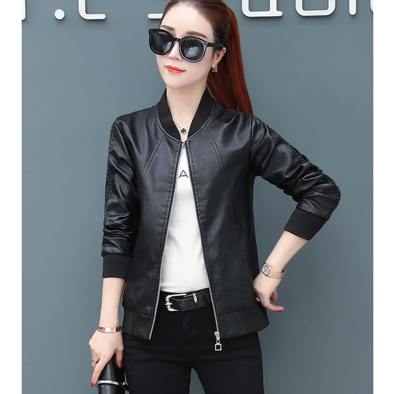 Женская Короткая кожаная куртка модная черная мотоциклетная из искусственной