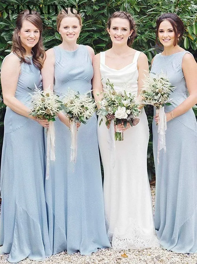 Светло голубое атласное платье подружки невесты длинное Дешевое пляжное