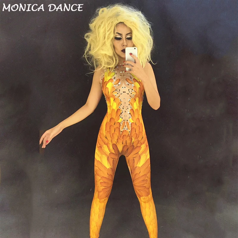 

Yellow Feather Sparkly Rhinestone 3D Printed Sexy Stage Jumpsuit for Birthday Celebrate Nightclub Singer Performance Stage Wear