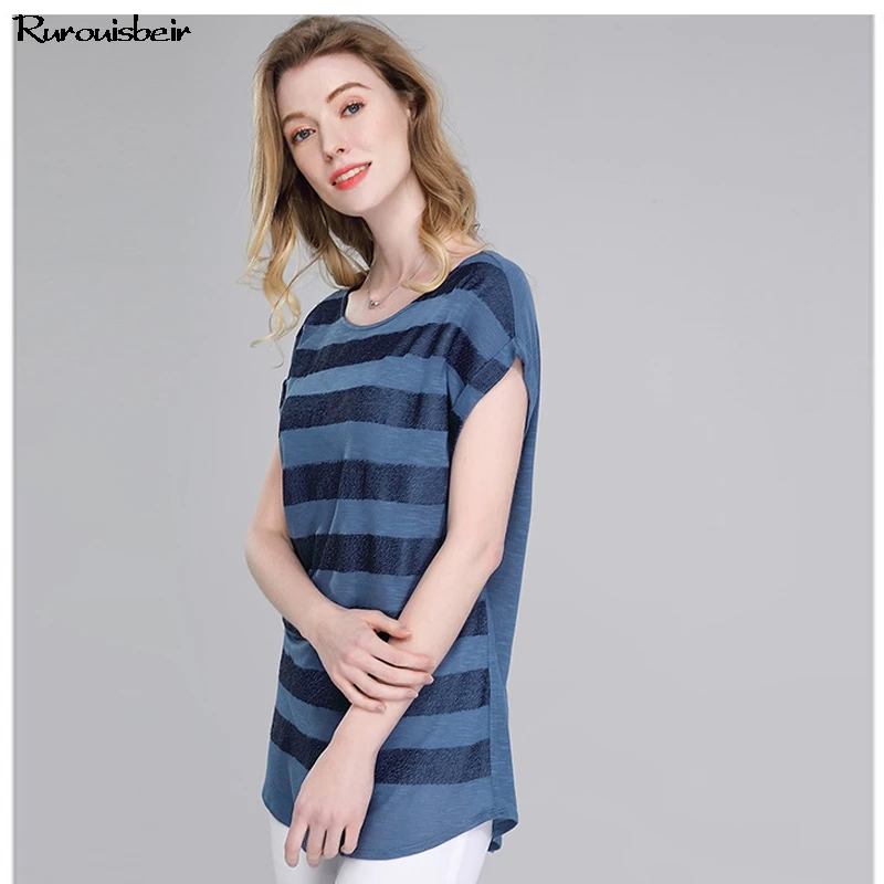 Casual O Neck Striped Top T Shirt Women Chic Embroidery Short Sleeve Tee Femme 2019 Summer Chiffon Plus Size | Женская одежда