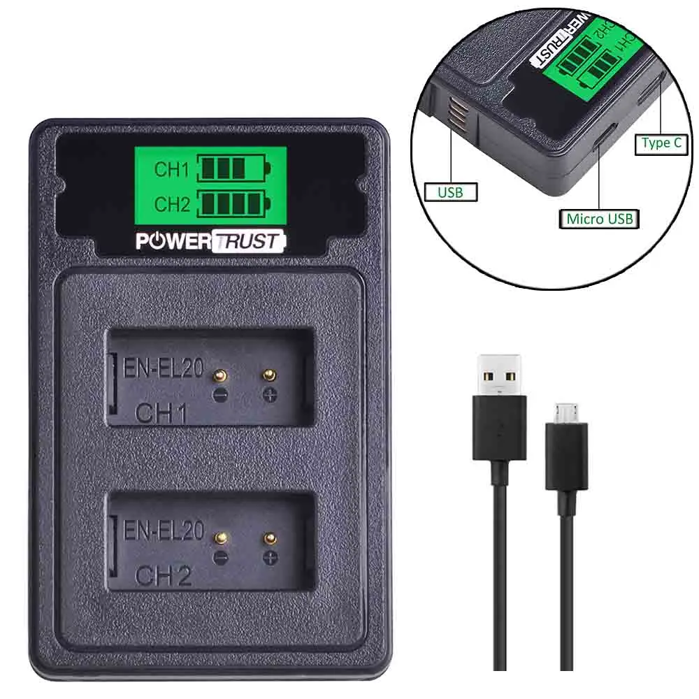 Charger PowerTrust 2 шт. 1200 мАч EN-EL20 EN-EL20a EN EL20 батарея+ ЖК-дисплей Dual USB зарядное устройство для NIKON 1 J1 J2 J3 S1 батареи камеры - Цвет: Charger