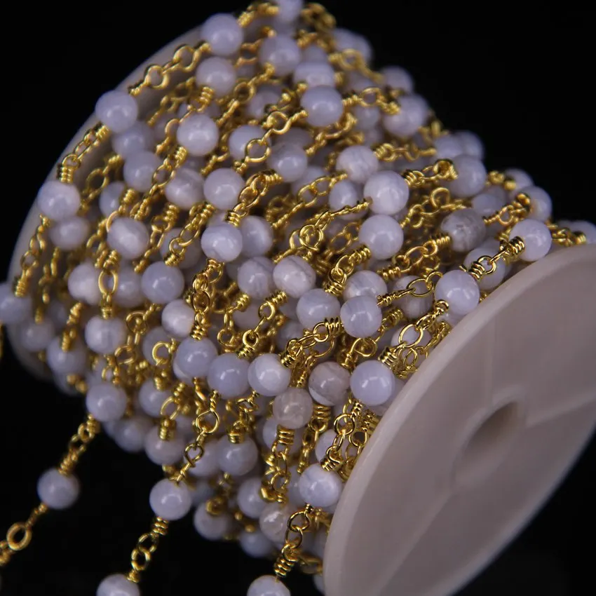 

Blue Lace Agate 6mm Smooth Round Beads Rosary Chains,Gold Plated Brass Wire Wrapped Gemstones Chain DIY Necklace Jewelry Finding