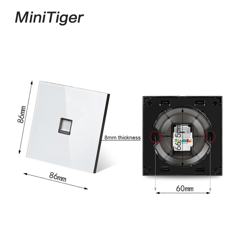 Minitiger белая Роскошная кристальная панель из закаленного стекла RJ45 Интернет-Джек настенная розетка для передачи данных компьютерная розетка