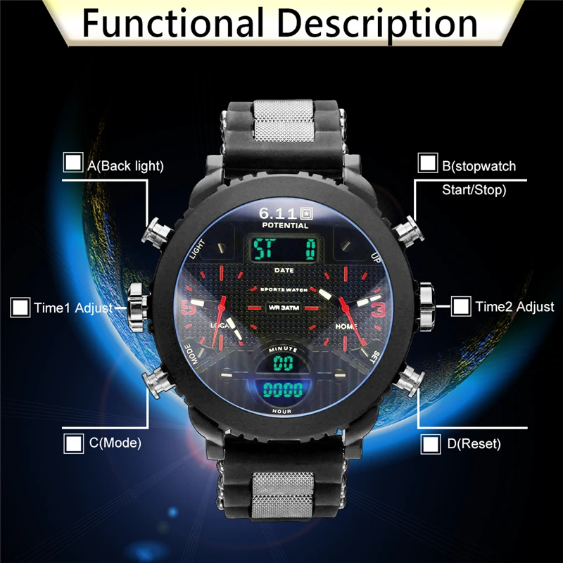 Мужские спортивные часы с хронографом силиконовые светодиодные цифровые