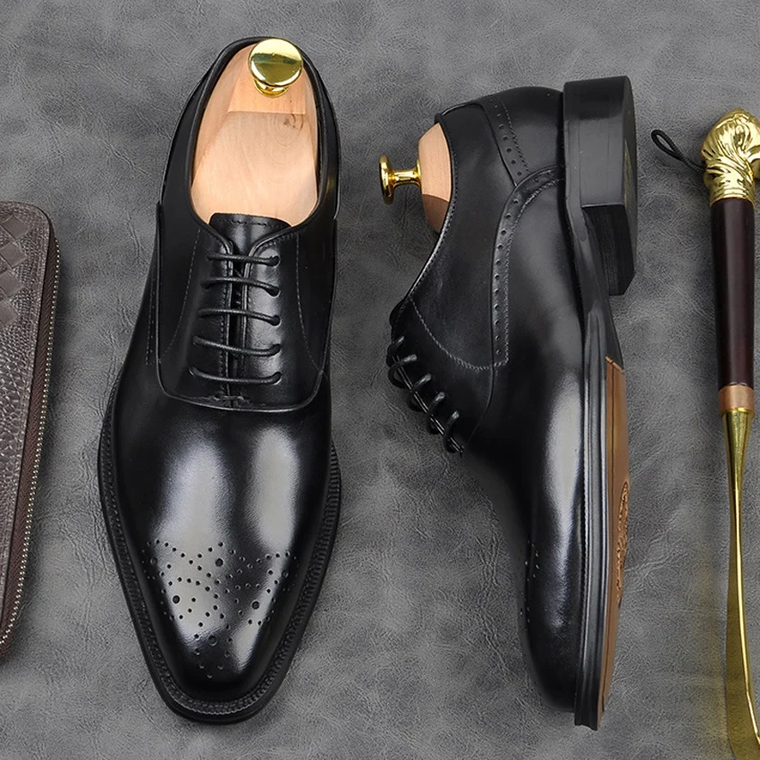 

High Quality Formal Dress Modern Men Carved Oxfords Shoes Genuine Leather Square Toe Wedding Party Goodyear Brogues Flats AM193