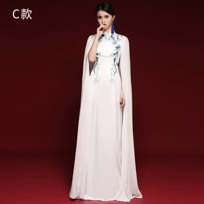 Новые модные синие белые длинные платья Cheongsam из шифона с вышивкой Qi Pao, женское традиционное платье на одно плечо, платье Qipao - Цвет: C