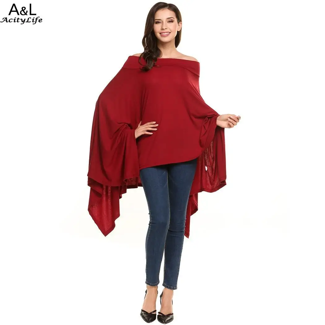 Нерегулярные шеи Slash низ рукав &quotлетучая мышь&quot Твердые Свободный пуловер Топ |