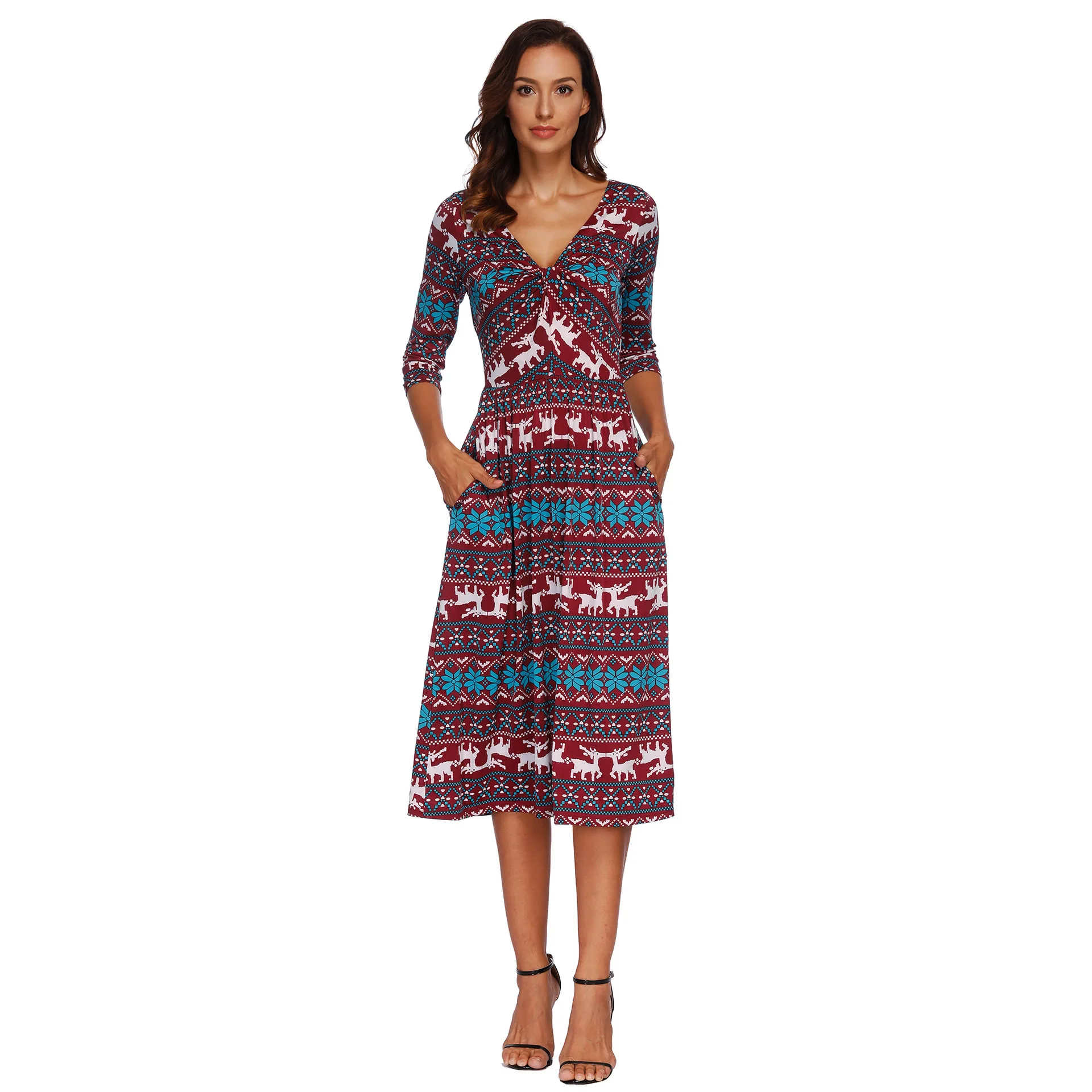 Женское платье с треугольным вырезом NORA длинное пляжное карманами и принтом в