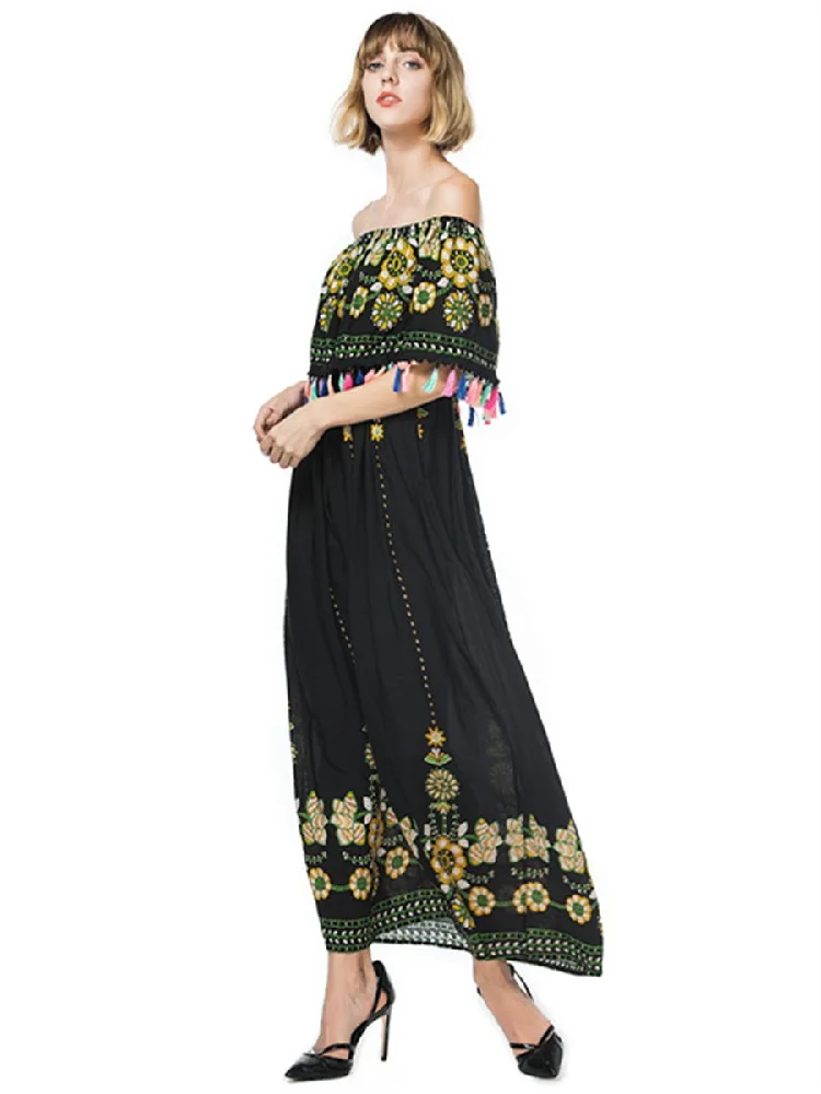 Boho Women Long Dress Elegant Vintage Flower Print Sexy Shift Tie Sleeve Bardot Off Shoulder Casual Party Maxi | Женская одежда